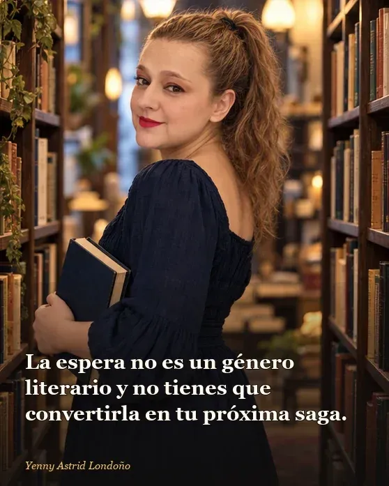 Imagen del artículo «Qué leer después de *El nombre del viento*: ocho opciones para quien sigue oyendo la música», escrito por Yenny Astrid Londoño. Yenny toma una novela nueva de un estante mientras la vieja queda abierta en la mesa.