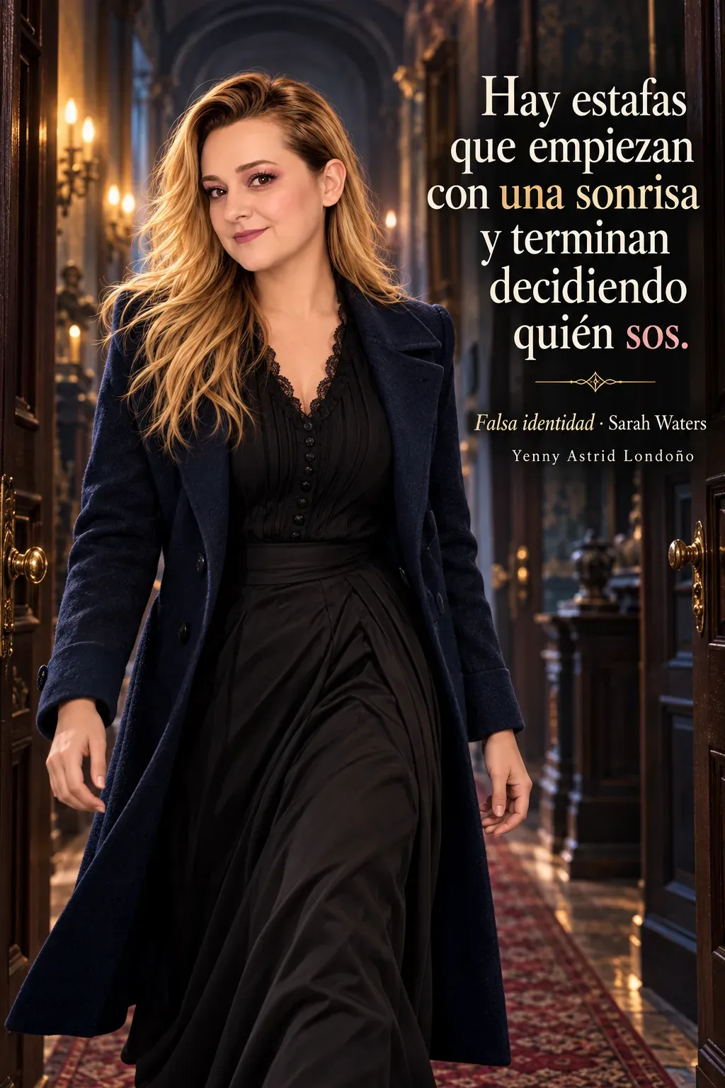 Yenny con abrigo azul oscuro camina por el pasillo de una mansión victoriana.
