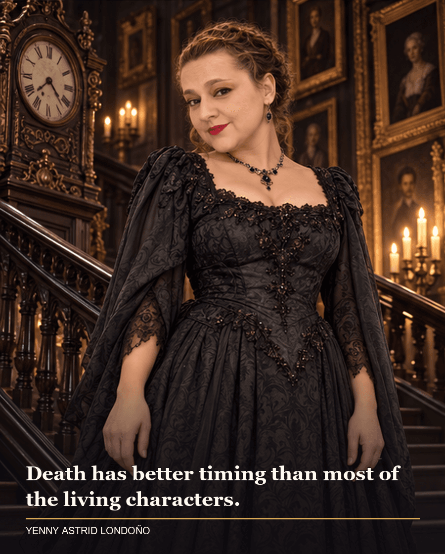 Image from Yenny Astrid Londoño’s review of “Belladonna”. Yenny in a charcoal gown on the grand staircase beneath old portraits in a gothic mansion. Text: Death has better timing than most of the living characters.