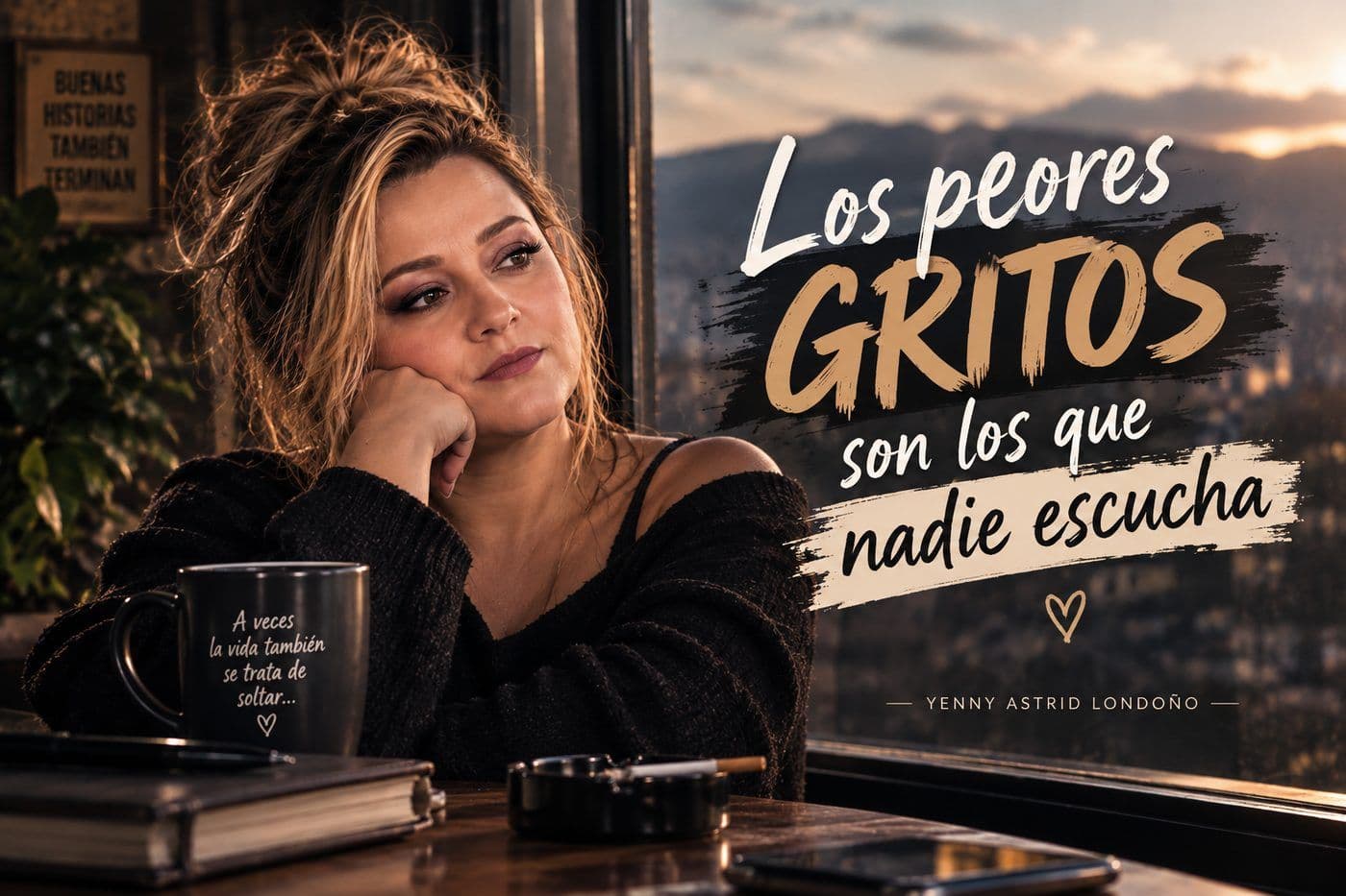 Portada del artículo «Los peores gritos son los que nadie escucha», escrito por Yenny Astrid Londoño. Yenny Astrid Londoño mirando por la ventana al atardecer, junto a la frase «Los peores gritos son los que nadie escucha»