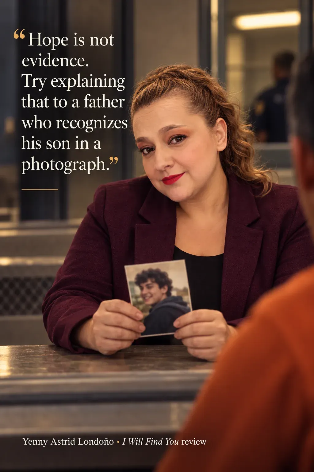 Image from Yenny Astrid Londoño’s review of “I Will Find You”. Yenny in a plum blazer holding a photograph in a prison visiting room. Text: Hope is not evidence. Try explaining that to a father who recognizes his son in a photograph.