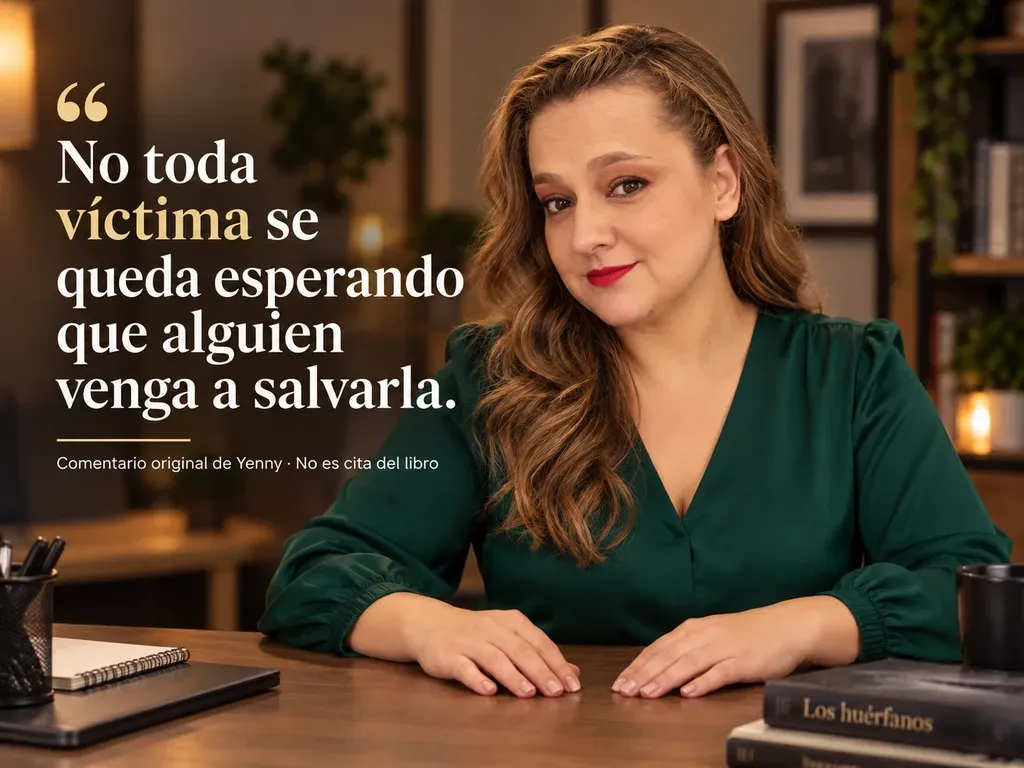 Imagen de la reseña del libro «Los huérfanos», escrita por Yenny Astrid Londoño. Ilustración de Los huérfanos, de Carmen Mola, con un texto superpuesto: «No toda víctima se queda esperando que alguien venga a salvarla».