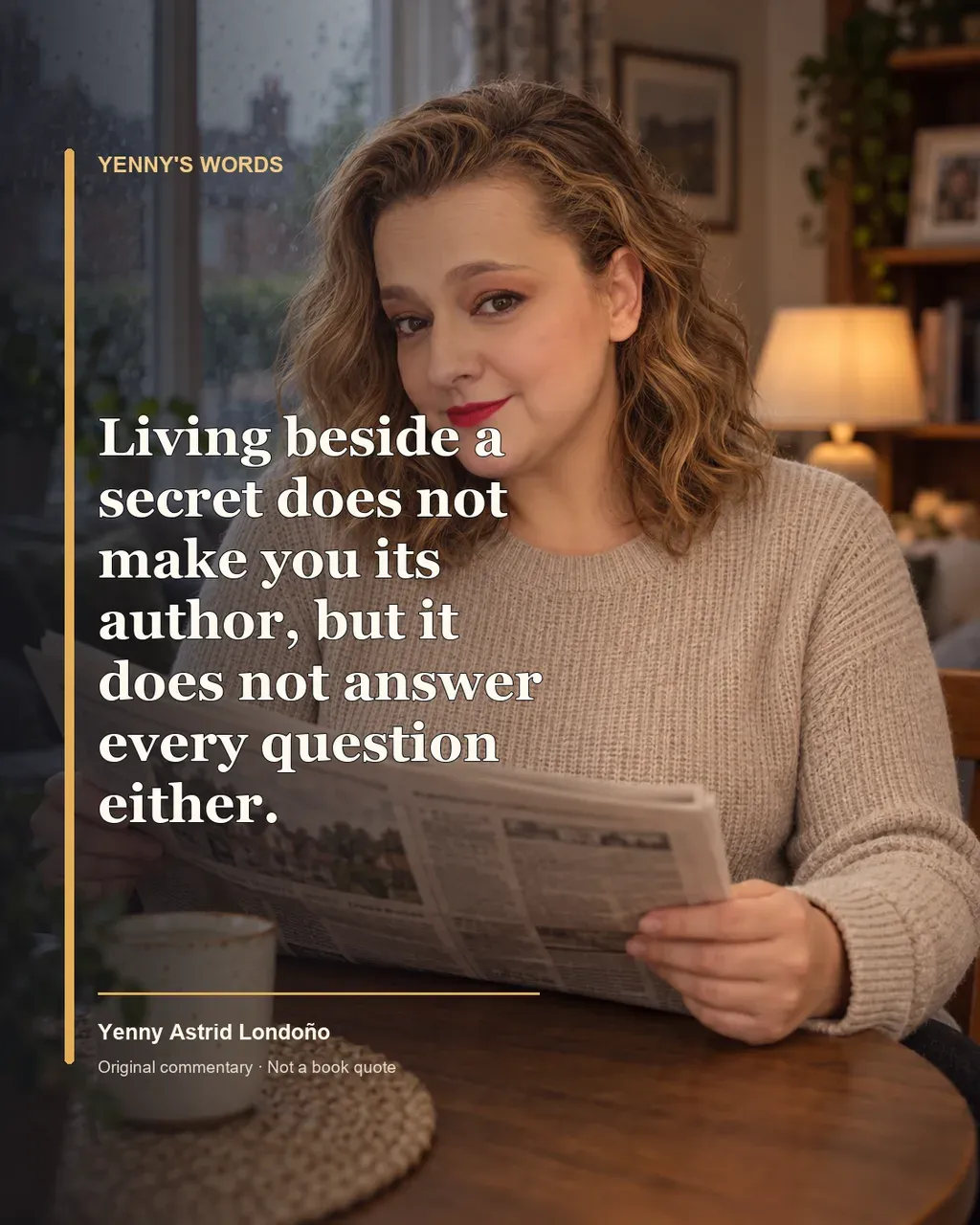 Image from Yenny Astrid Londoño’s review of “The Widow”. Illustration of The Widow, by Fiona Barton, with overlaid text: «Living beside a secret does not make you its author, but it does not answer every question either.»