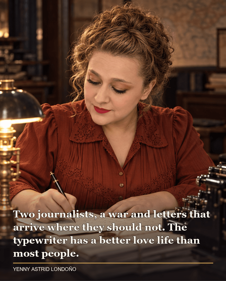 Image from Yenny Astrid Londoño’s review of “Divine Rivals”. Yenny in a rust blouse writing at a wooden desk with a vintage typewriter and handwritten letters. Text: Two journalists, a war and letters that arrive where they should not. The typewriter has a better love life than most.