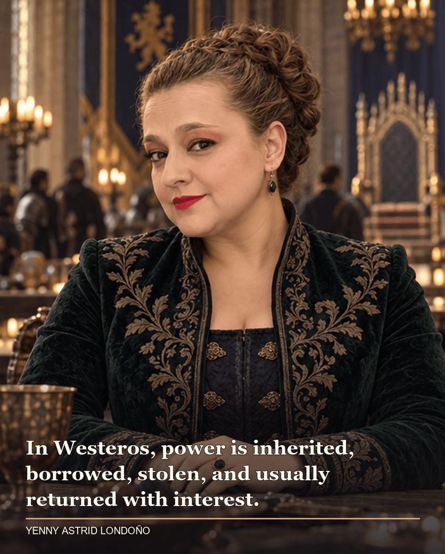 Image from Yenny Astrid Londoño’s review of “A Game of Thrones”. Yenny at a long stone banquet table in a castle hall, assessing the political danger around an empty throne. Text: In Westeros, power is inherited, borrowed, stolen, and usually returned with interest.