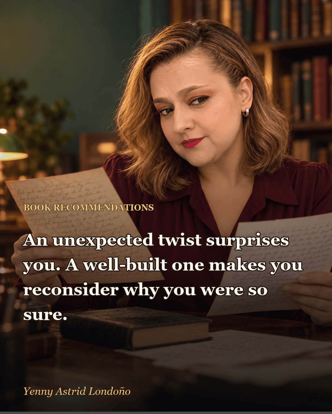 Image from “Best Psychological Thrillers That Actually Hook You: Ten Books That Make You Distrust the Person Who Recommended Them,” written by Yenny Astrid Londoño. Yenny comparing two witness statements beside an open thriller.