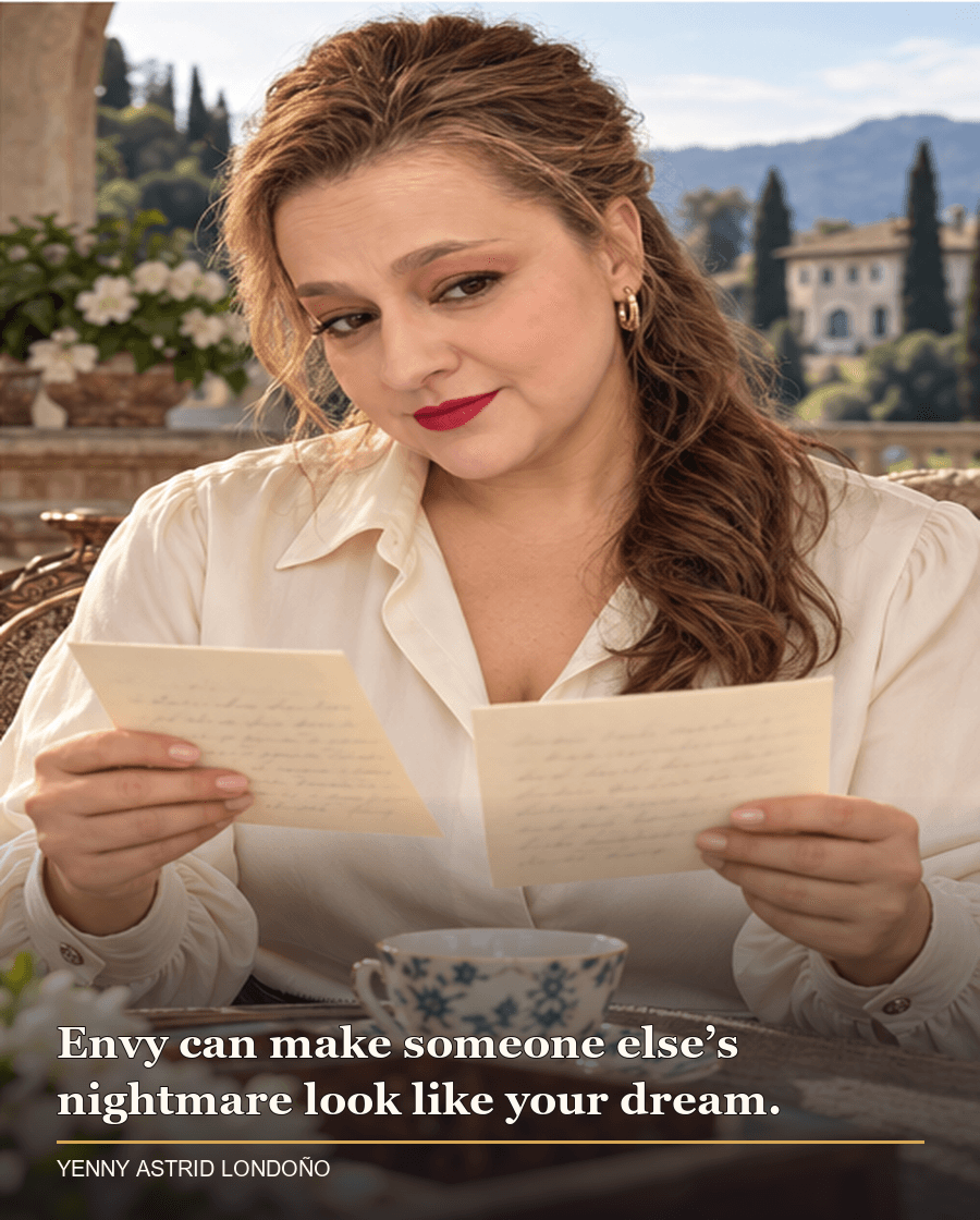 Image from Yenny Astrid Londoño’s review of “The Last Mrs. Parrish”. Parrish”. Yenny in a cream blouse on a terrace overlooking an estate, comparing two handwritten notes. Text: Envy can make someone else’s nightmare look like your dream.