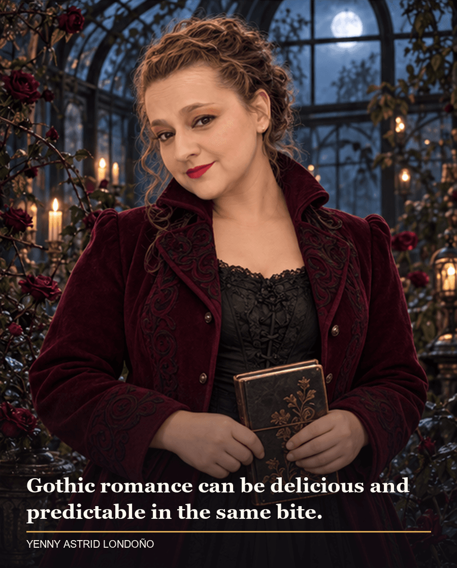 Image from Yenny Astrid Londoño’s review of “Belladonna”. Yenny in a burgundy coat in a moonlit greenhouse among thorny roses, holding a notebook. Text: Gothic romance can be delicious and predictable in the same bite.