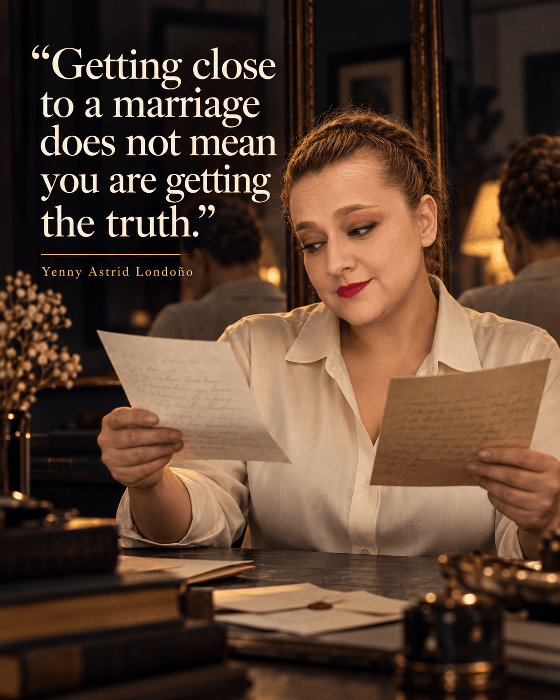 Image from Yenny Astrid Londoño’s review of “Behind Her Eyes”. Yenny reading letters in a mirror-lined apartment. Text: Getting close to a marriage doesn't mean you are getting the truth.