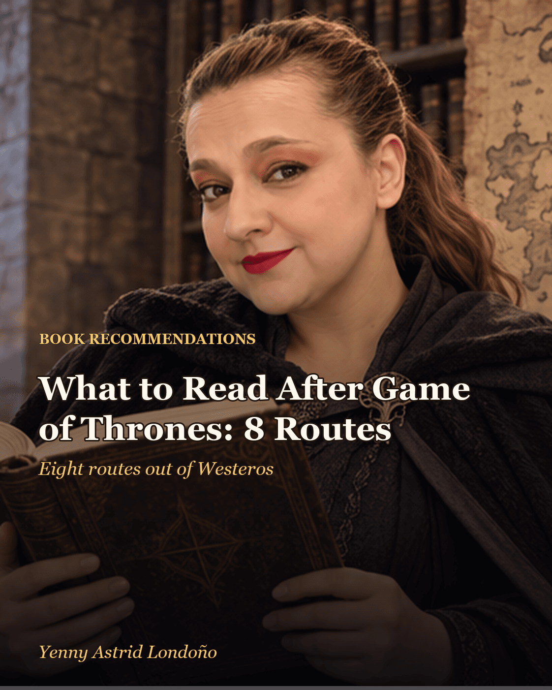Cover image for “What to Read After *Game of Thrones*: Eight Routes Out of Westeros,” written by Yenny Astrid Londoño. Yenny studying a fantasy map beside novels in a firelit stone library.