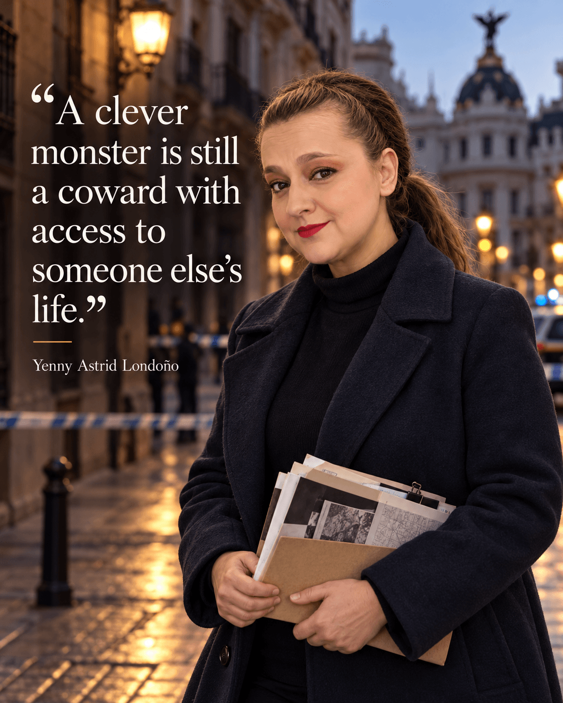 Image from Yenny Astrid Londoño’s review of “The Master”. Yenny investigating on a Madrid street at night. Text: A clever monster is still a coward with access to someone else’s life.