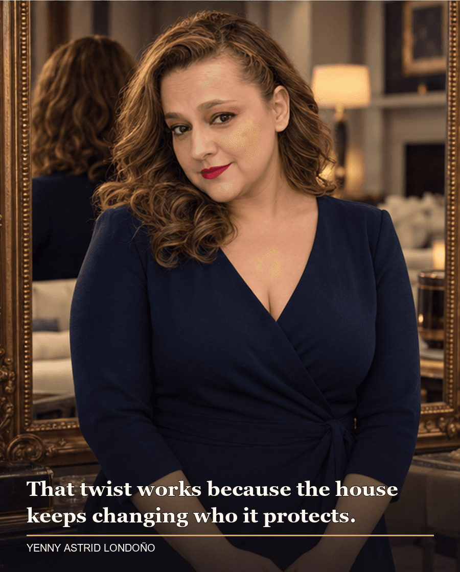 Image from Yenny Astrid Londoño’s review of “The Housemaid”. Yenny in an elegant living room mirror, reflecting on shifting power. Text: That twist works because the house keeps changing who it protects.