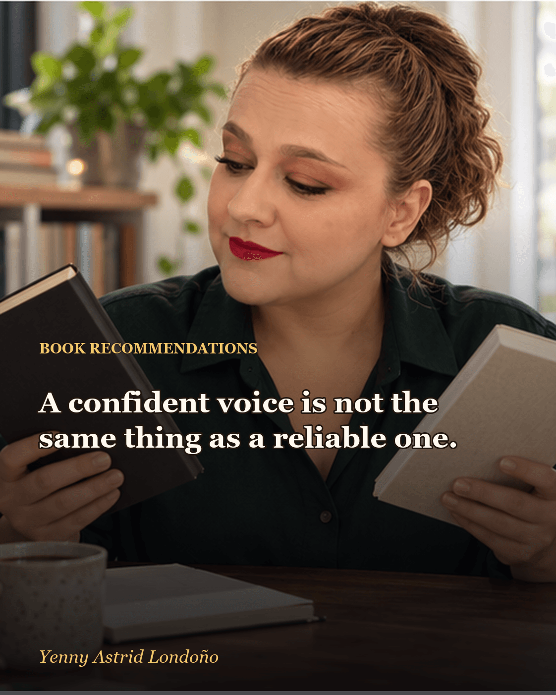 Image from “What to Read After *Verity*: Seven Thrillers That Will Make You Suspicious Again,” written by Yenny Astrid Londoño. Yenny comparing two handwritten accounts and pointing to a note in the margin.