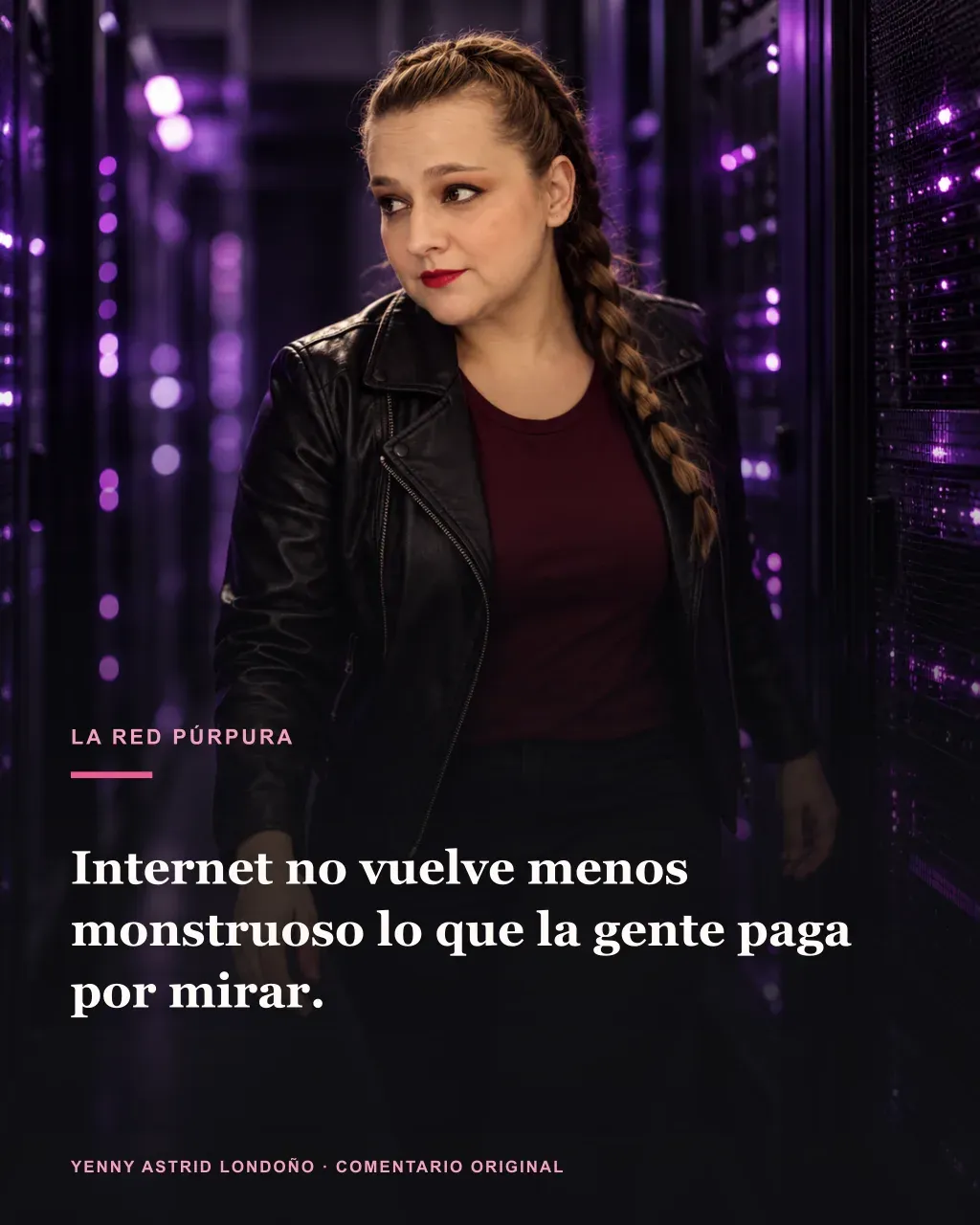 Imagen de la reseña del libro «La red púrpura», escrita por Yenny Astrid Londoño. Ilustración de La red púrpura, de Carmen Mola, con un texto superpuesto: «Internet no vuelve menos monstruoso lo que la gente paga por mirar».