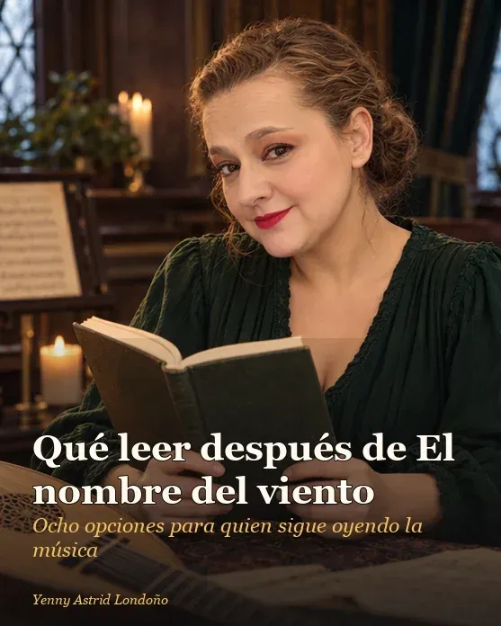 Portada del artículo «Qué leer después de *El nombre del viento*: ocho opciones para quien sigue oyendo la música», escrito por Yenny Astrid Londoño. Yenny lee un libro de fantasía junto a una ventana lluviosa, una libreta y un instrumento de cuerda.