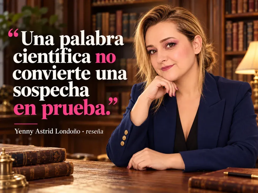 Imagen de la reseña del libro «El último secreto», escrita por Yenny Astrid Londoño. Yenny Astrid Londoño en una imagen editorial con la frase del libro sobre Una palabra científica no convierte una sospecha en prueba.