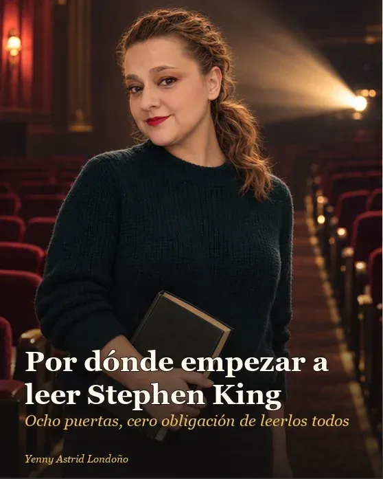 Portada del artículo «Mejores libros de Stephen King para empezar: ocho puertas sin obligarte a leerlos todos», escrito por Yenny Astrid Londoño. Yenny en una sala de cine antigua convertida en biblioteca, con una novela cerrada en la mano y luz de proyector