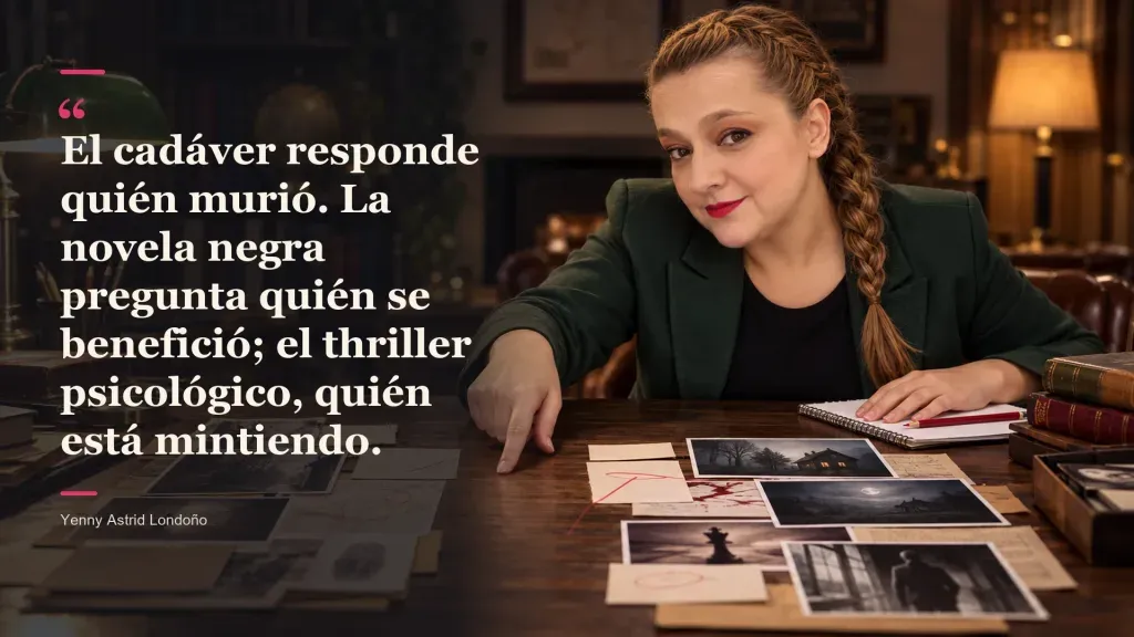 Imagen del artículo «Thriller psicológico vs. novela negra: no, no son la misma vaina aunque haya cadáveres en los dos», escrito por Yenny Astrid Londoño. Yenny señala pistas sobre una mesa; frase: «El cadáver responde quién murió»