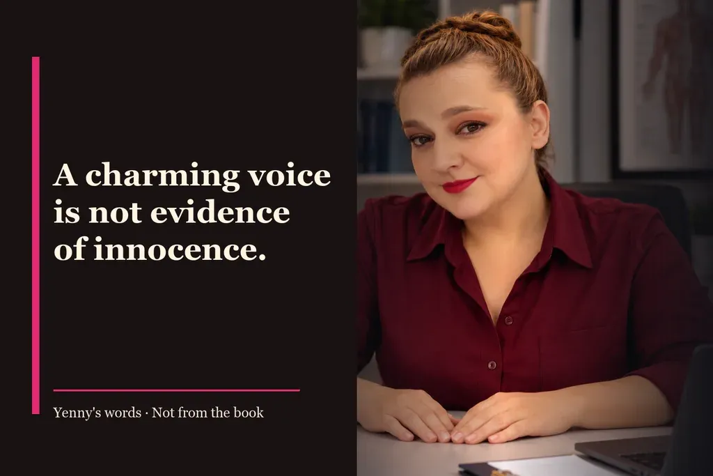 Image from Yenny Astrid Londoño’s review of “The Inmate”. Illustration of El recluso, by Freida McFadden, with overlaid text: «A charming voice is not evidence of innocence.»