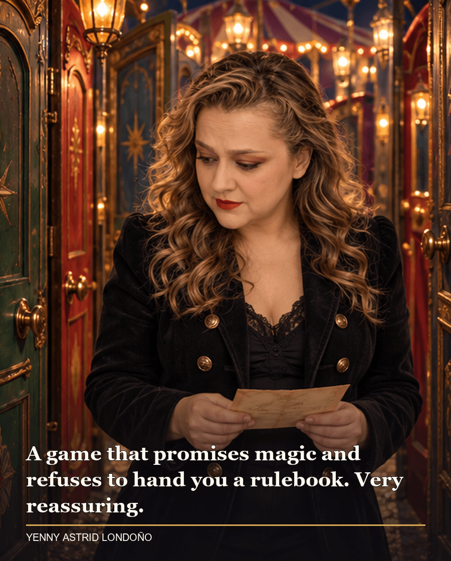 Image from Yenny Astrid Londoño’s review of “Caraval”. Yenny in a dark jacket navigating a glowing maze of carnival doors with a paper clue. Text: A game that promises magic and refuses to hand you a rulebook. Very reassuring.