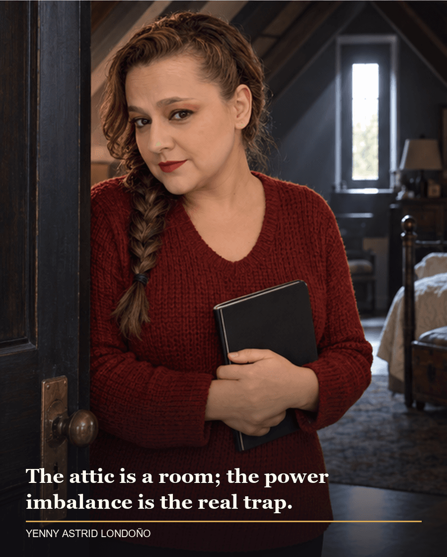 Image from Yenny Astrid Londoño’s review of “The Housemaid”. Yenny beside an attic bedroom door with a narrow window. Text: The attic is a room; the power imbalance is the real trap.