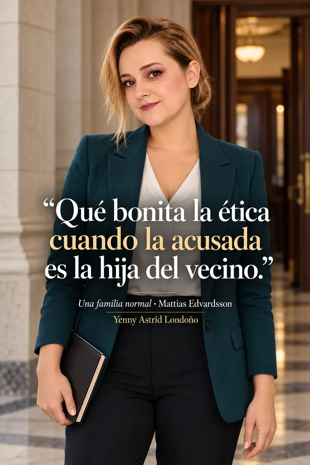 Yenny con blazer azul petróleo y blusa blanca en un corredor judicial; sostiene una libreta y aparece la frase sobre la ética y la hija del vecino.