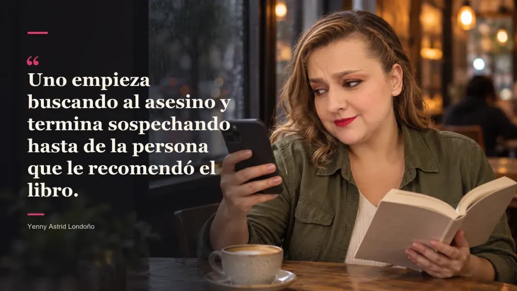 Imagen del artículo «Thriller psicológico vs. novela negra: no, no son la misma vaina aunque haya cadáveres en los dos», escrito por Yenny Astrid Londoño. Yenny en una cafetería mira el celular con sospecha; frase: «Uno empieza buscando al asesino»