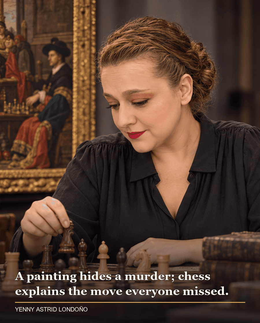 Image from Yenny Astrid Londoño’s review of “The Flanders Panel”. Yenny studying a chessboard beside a Flemish painting in a museum gallery. Text: A painting hides a murder; chess explains the move everyone missed.