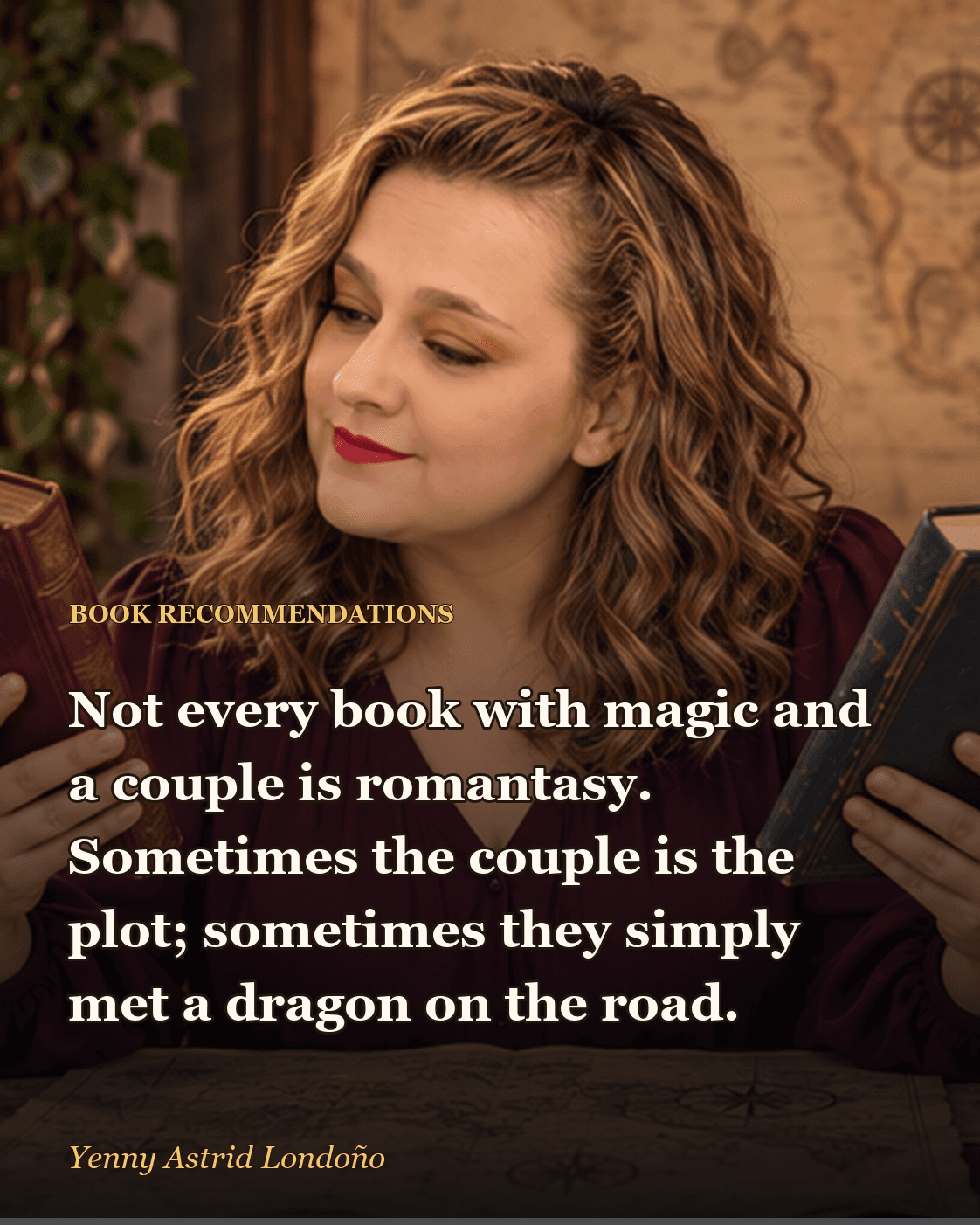 Image from “What Is Romantasy, and Which Books Are Worth Reading? Magic, Desire, and Questionable Decisions,” written by Yenny Astrid Londoño. Yenny comparing two romantasy novels beside a map in a magical reading room.