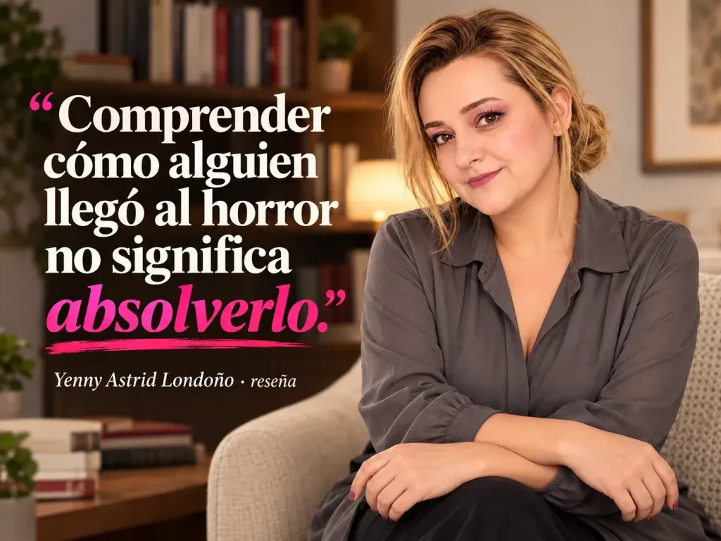 Imagen de la reseña del libro «Satanás», escrita por Yenny Astrid Londoño. Yenny Astrid Londoño en una imagen editorial con la frase del libro sobre Comprender cómo alguien llegó al horror no significa absolverlo.