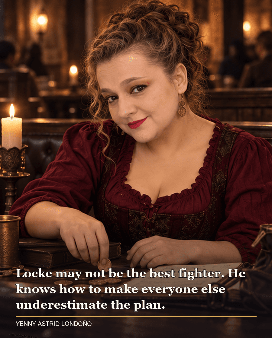 Image from Yenny Astrid Londoño’s review of “The Lies of Locke Lamora”. Yenny in a burgundy blouse in a tavern booth with a ledger and coins, planning a clever con. Text: Locke may not be the best fighter. He knows how to make everyone else underestimate the plan.