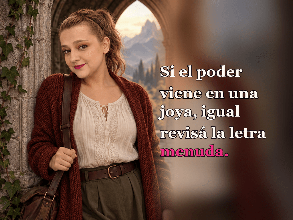 Imagen de la reseña del libro «La comunidad del anillo», escrita por Yenny Astrid Londoño. Ilustración de La comunidad del anillo, de J. R. R. Tolkien, con un texto superpuesto: «Si el poder viene en una joya, igual revisá la letra menuda».
