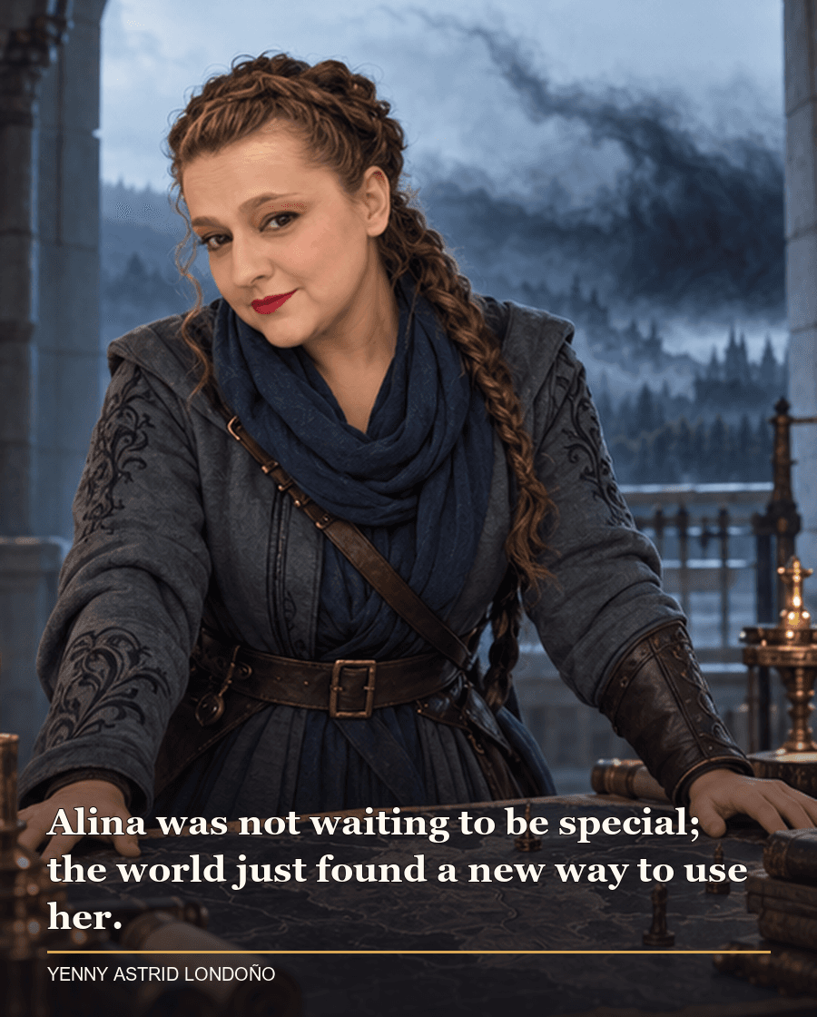 Image from Yenny Astrid Londoño’s review of “Shadow and Bone”. Yenny in a gray-blue travel coat studying a map beside the dark mist of the Shadow Fold. Text: Alina was not waiting to be special; the world just found a new way to use her.