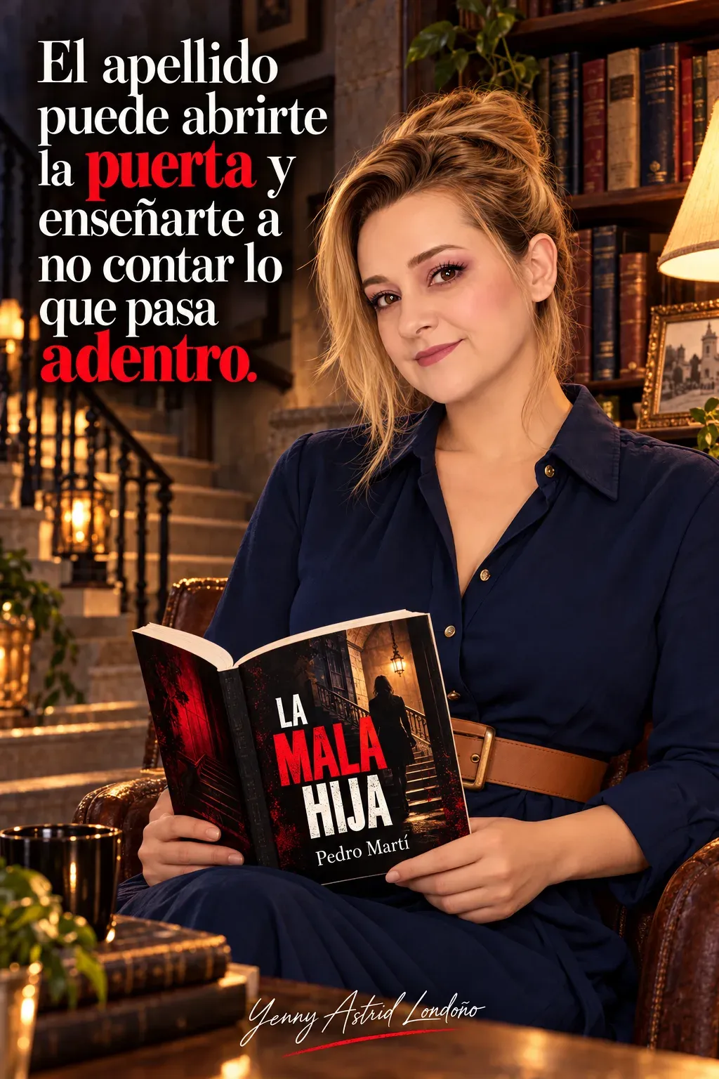 Yenny con recogido alto y vestido azul marino, leyendo La mala hija con ambas manos bajas; frase del libro sobre los secretos dentro de la familia.