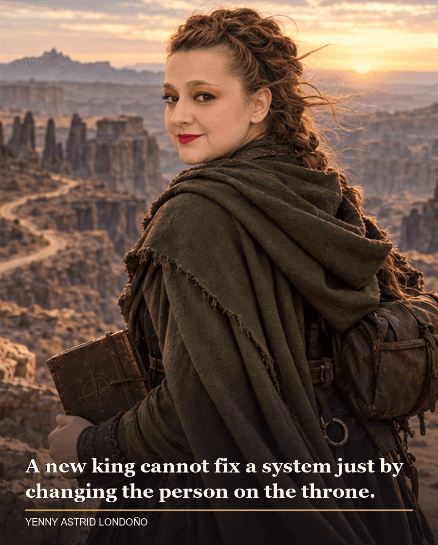 Image from Yenny Astrid Londoño’s review of “Reckless”. Yenny in an olive cloak overlooking a canyon road at dawn with a notebook. Text: A new king cannot fix a system just by changing the person on the throne.