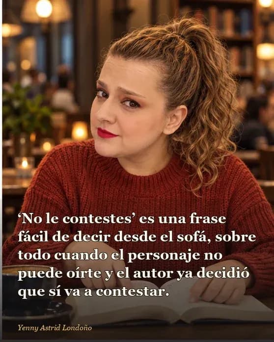 Imagen del artículo «Protagonistas literarios que dan ganas de sacudirlos, aunque uno entiende por qué no se van», escrito por Yenny Astrid Londoño. Yenny Astrid Londoño en una librería, sosteniendo un libro en una mano y señalando en una libreta una lista de