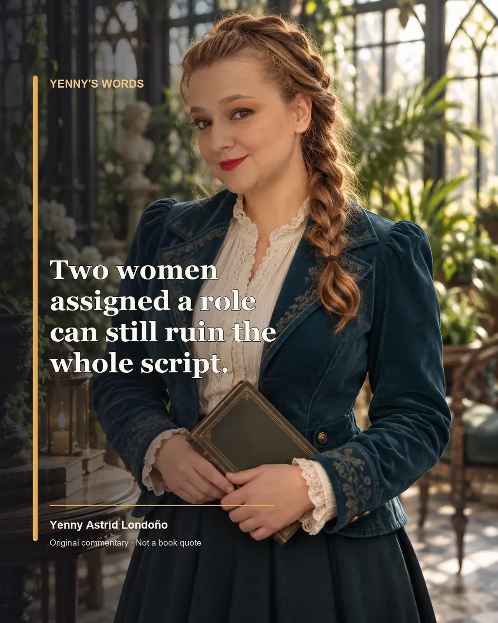 Image from Yenny Astrid Londoño’s review of “Fingersmith”. Illustration of Fingersmith, by Sarah Waters, with overlaid text: «Two women assigned a role can still ruin the whole script.»