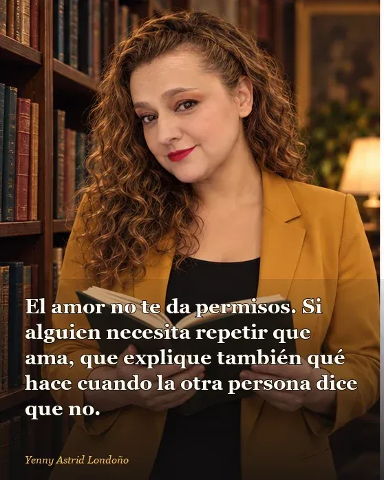 Imagen del artículo «Personajes literarios que necesitaban terapia urgentemente y otros que necesitaban dejar de hacer daño», escrito por Yenny Astrid Londoño. Yenny Astrid Londoño al lado de una estantería con novelas psicológicas y una libreta abierta; gesto escéptico mientras