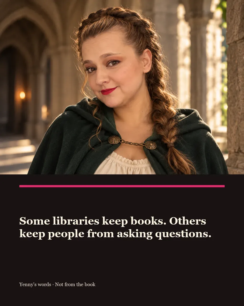 Image from Yenny Astrid Londoño’s review of “The Name of the Rose”. Illustration of El nombre de la rosa, by Umberto Eco, with overlaid text: «Some libraries keep books. Others keep people from asking questions.»