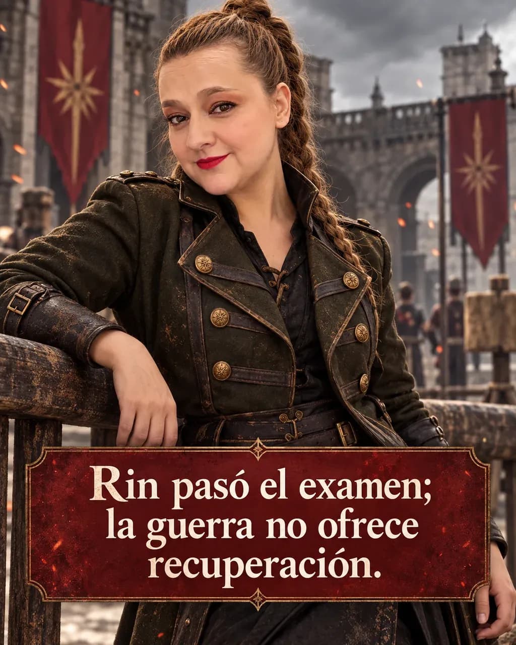 Imagen de la reseña del libro «La guerra de la amapola», escrita por Yenny Astrid Londoño. Ilustración de La guerra de la amapola, de R. F. Kuang, con un texto superpuesto: «Rin pasó el examen; la guerra no ofrece recuperación».