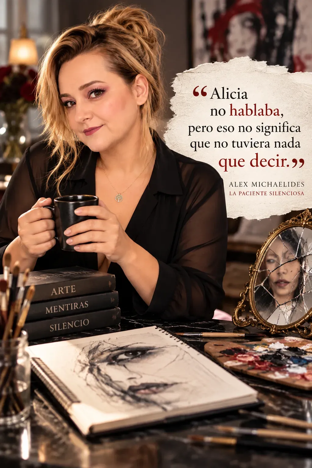 Yenny Astrid Londoño con una taza y un cuaderno de dibujo, en una imagen inspirada en Alicia, la pintora de La paciente silenciosa.