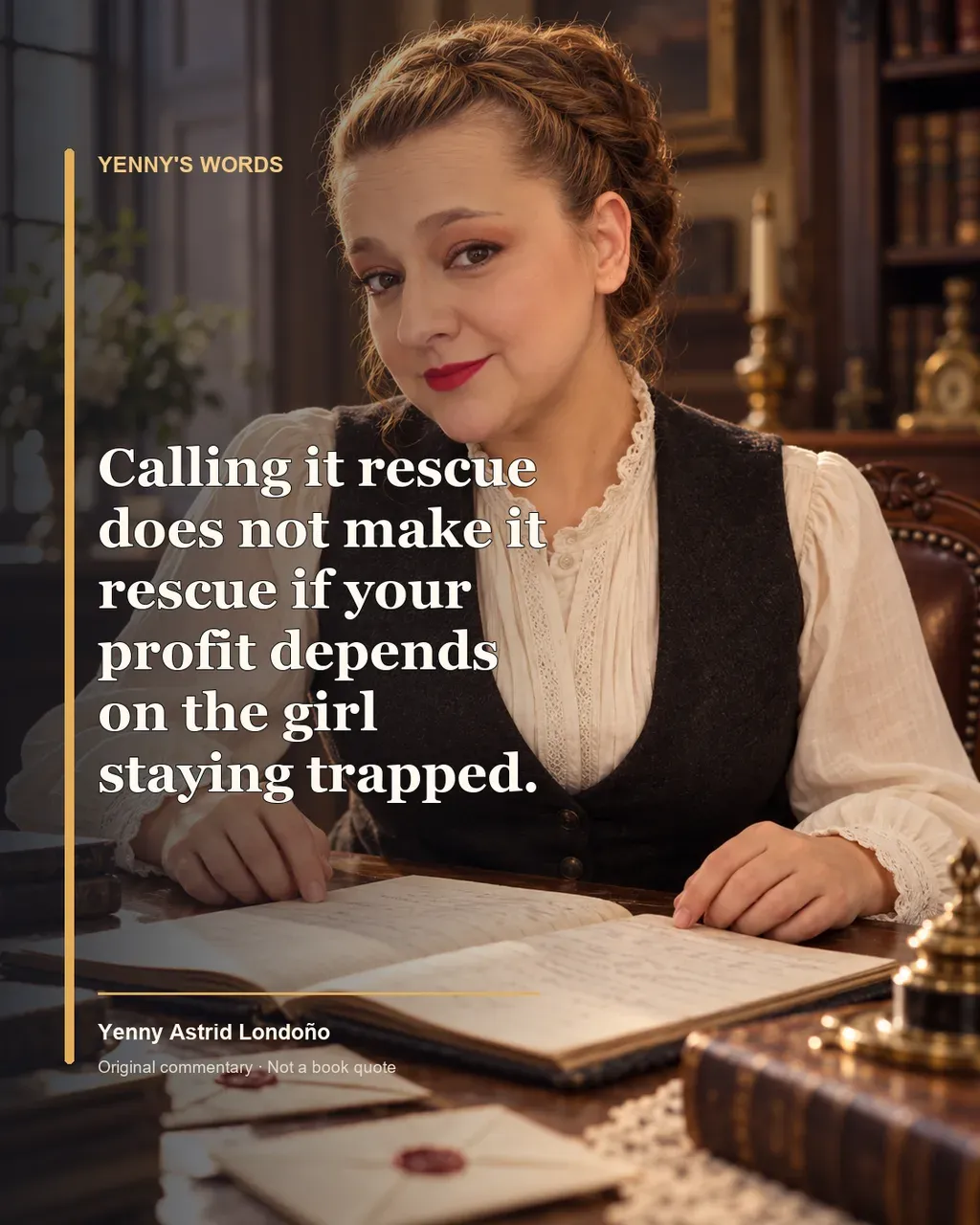Image from Yenny Astrid Londoño’s review of “Fingersmith”. Illustration of Fingersmith, by Sarah Waters, with overlaid text: «Calling it rescue does not make it rescue if your profit depends on the girl staying trapped.»
