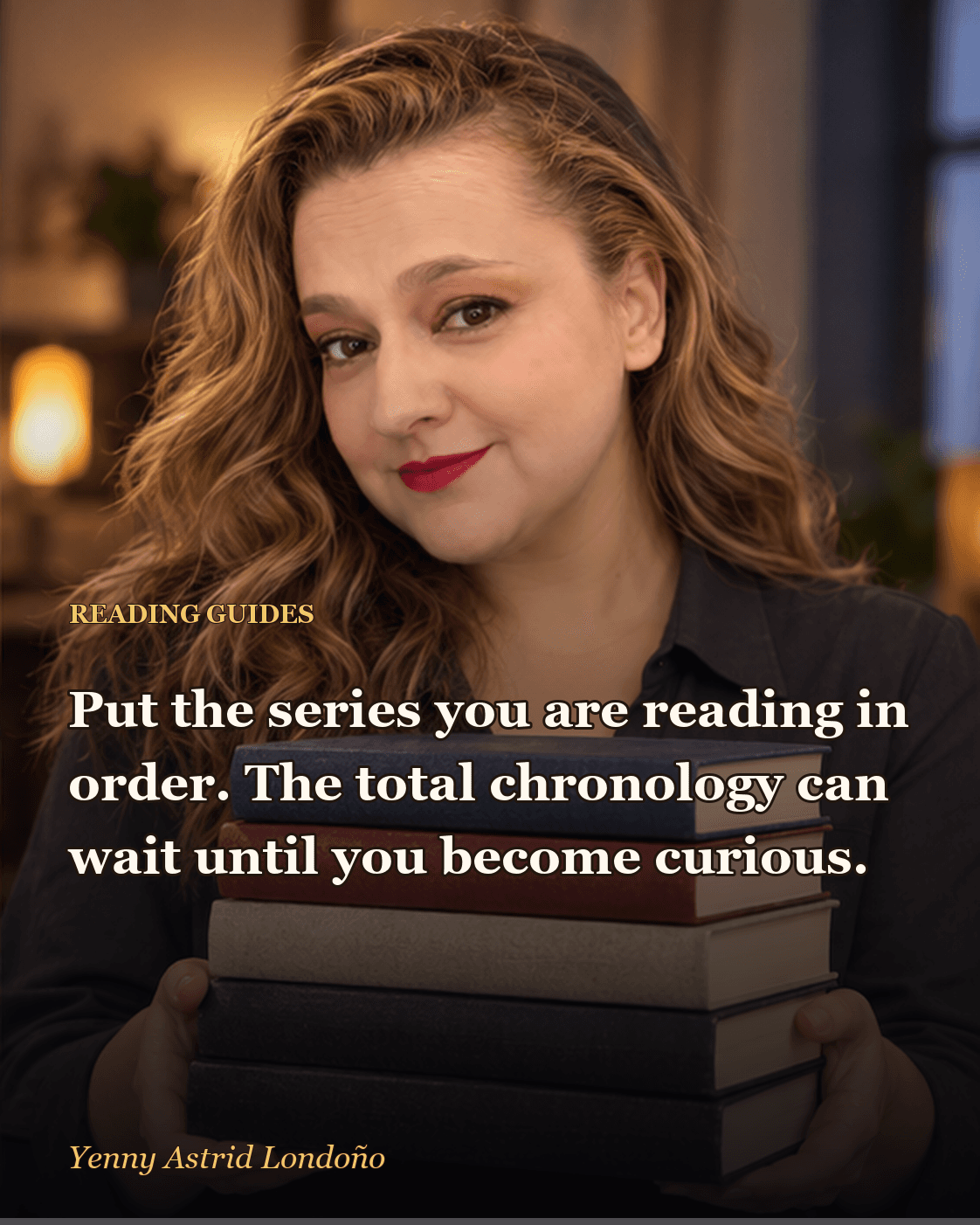 Image from “Brandon Sanderson Reading Order for Beginners: The Series First, the Map Later,” written by Yenny Astrid Londoño. Yenny checking a reading route drawn with arrows beside an open fantasy novel.