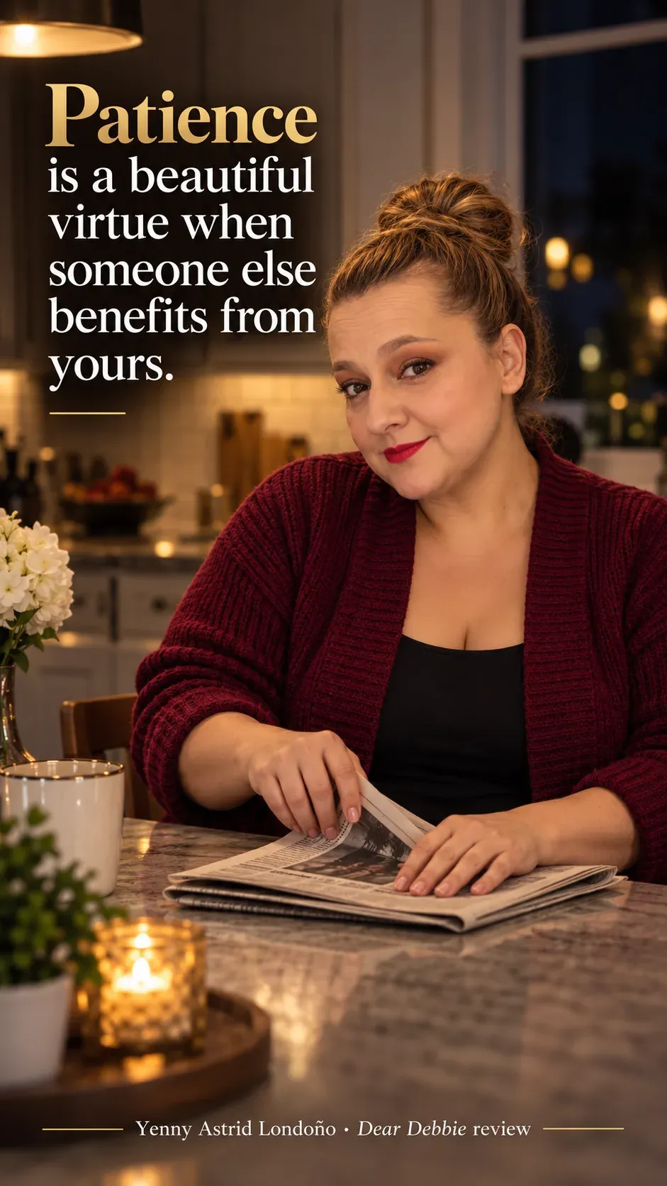Image from Yenny Astrid Londoño’s review of “Dear Debbie”. Yenny in a burgundy cardigan reading a newspaper in a kitchen. Text: Patience is a beautiful virtue when someone else benefits from yours.