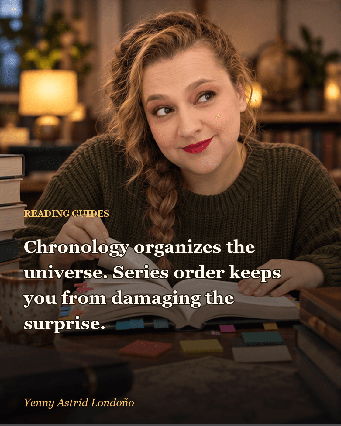 Image from “Brandon Sanderson Reading Order for Beginners: The Series First, the Map Later,” written by Yenny Astrid Londoño. Yenny placing one book first while leaving a giant Cosmere chronology for later.