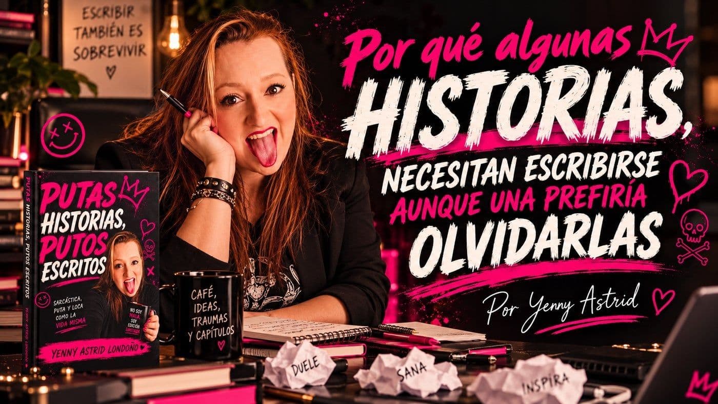 Portada del artículo «Hay historias que una no supera. Las escribe.», escrito por Yenny Astrid Londoño. Yenny Astrid con el libro Putas historias, putos escritos y la frase sobre historias que necesitan escribirse aunque una preferiría olvidarlas