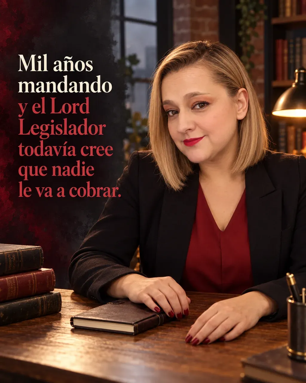 Imagen de la reseña del libro «El imperio final», escrita por Yenny Astrid Londoño. Ilustración de El imperio final, de Brandon Sanderson, con un texto superpuesto: «Mil años mandando y el Lord Legislador todavía cree que nadie le va a cobrar».