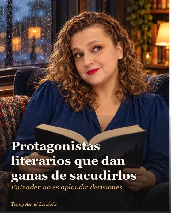 Portada del artículo «Protagonistas literarios que dan ganas de sacudirlos, aunque uno entiende por qué no se van», escrito por Yenny Astrid Londoño. Yenny Astrid Londoño leyendo un thriller en una mesa, con una libreta de decisiones absurdas y varias novelas