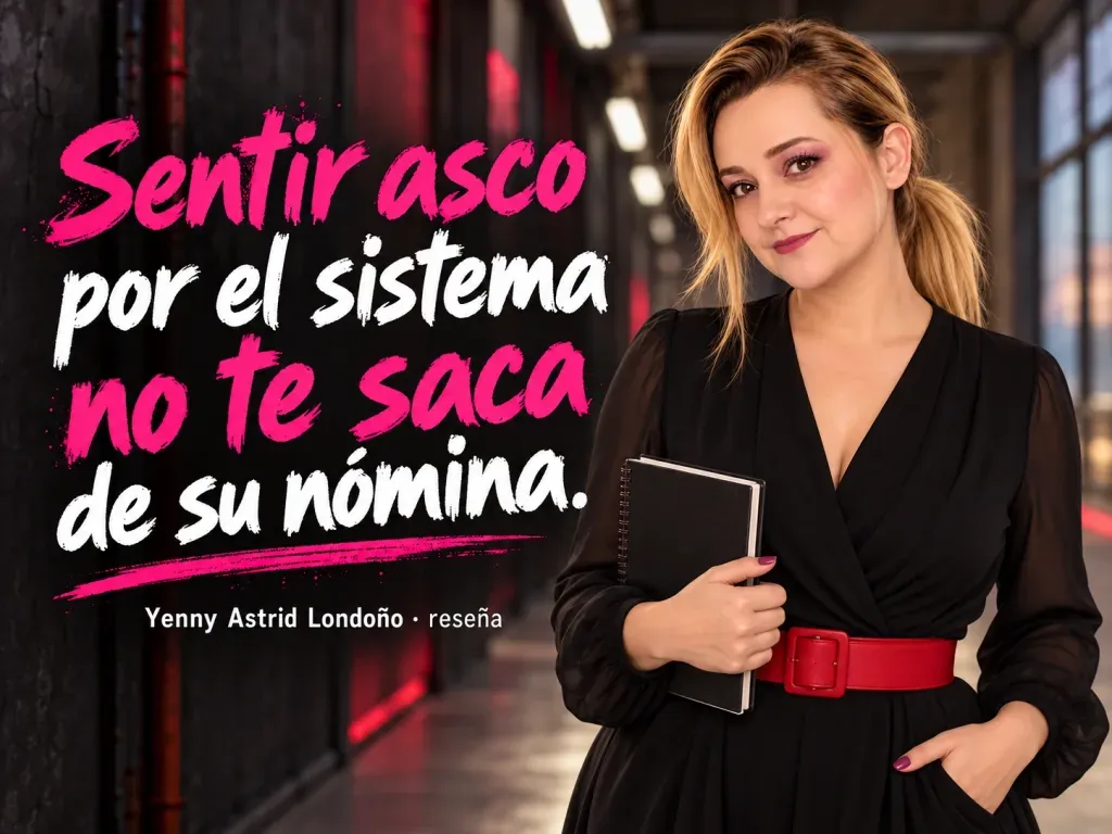 Imagen de la reseña del libro «Cadáver exquisito», escrita por Yenny Astrid Londoño. Yenny Astrid Londoño en una imagen editorial con la frase del libro sobre Sentir asco por el sistema no te saca de su nómina.