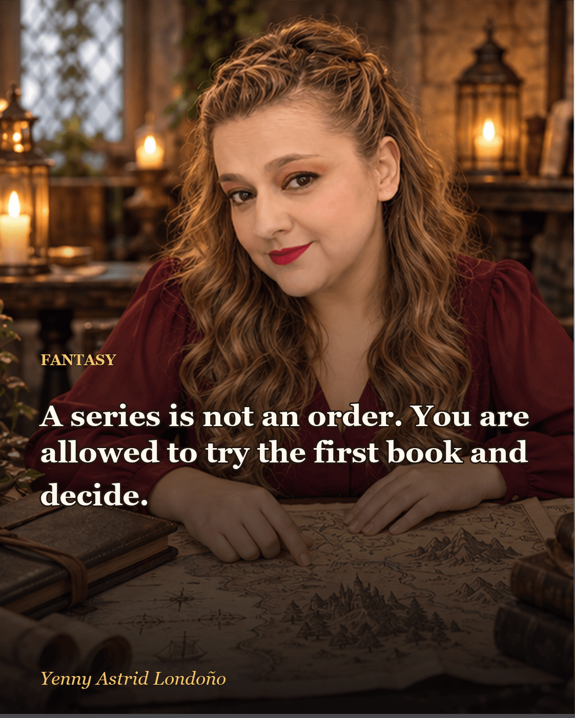 Image from “Best Fantasy Series for Beginners: Seven Doors and No Literary Customs Office,” written by Yenny Astrid Londoño. Yenny reviewing a fantasy map on a table while deciding whether to begin a series.